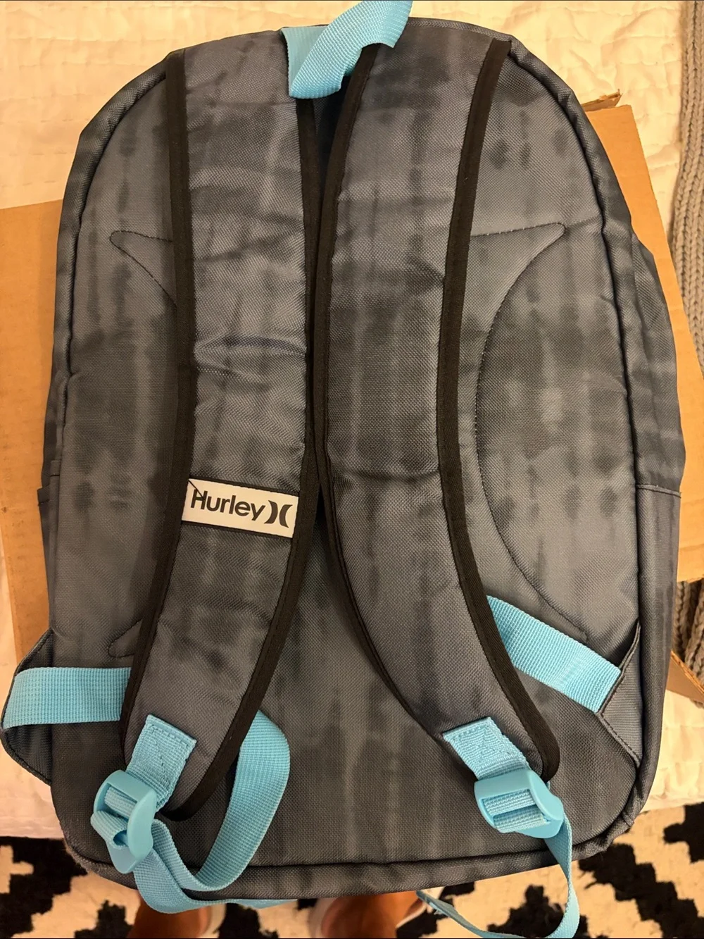 Hurley Blue and Black Backpack with Aqua Zipper Accents